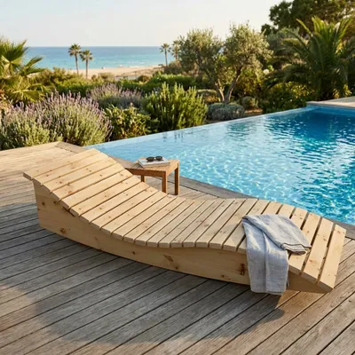 Produktbild von Holzliege Wellenliege Gartenliege Himmelssofa "Pool-Moni" (Zirbe) 70cm