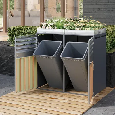 Produktbild von MODFU Mülltonnenbox mit Pflanztrog Abschließbar mit Lamellenlüftung Zweiteilig Für Garten Grau Holzoptik