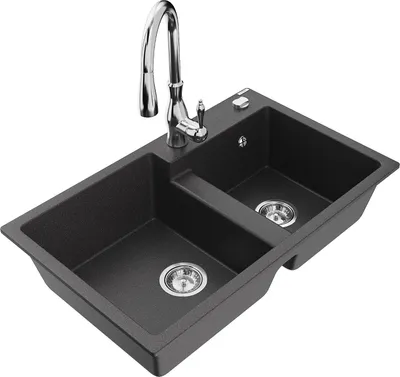Produktbild von Mexen Tomas 2-Becken-Granitspüle mit Mischbatterie Savita, Schwarz gesprenkelt - 6516-76-672601-00