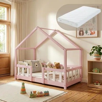 Produktbild von Kinderbett 'Treviolo' mit Matratze und Rausfallschutz 70x140cm Rosa / Weiß
