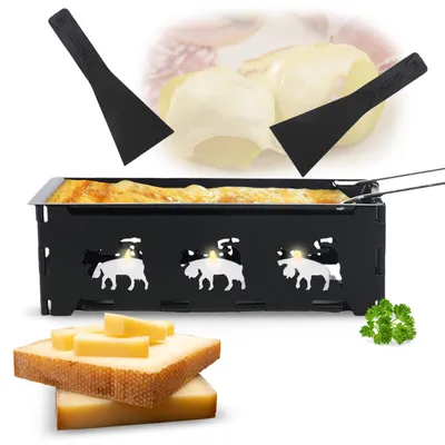 Produktbild von Faltbares Raclette-Teelicht für 1 -2 Personen, Raclette Set ohne Strom inkl. Teelichtern und Schaber, Metall mit originell ausgestanzten Kühen, antiha