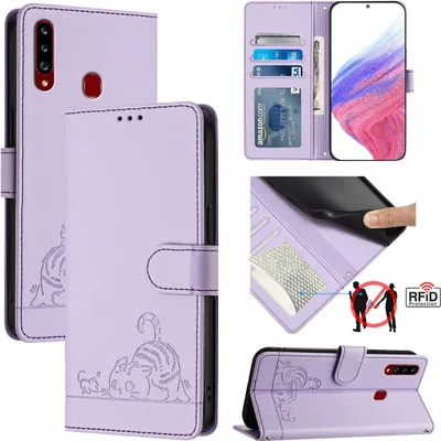 Produktbild von Leder Hülle für Samsung Galaxy A20S Süße Katze Flip Case Brieftasche Schutzhülle mit Standfunktion Lila