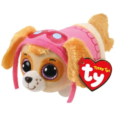 A plush toy dog with large glittery eyes and a pink aviator hat.