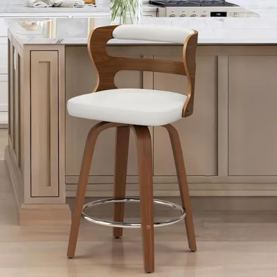 Produktbild von Barhocker 360° drehbar mit Lehne und Armlehnen, 66 cm, Holz mit Kunstleder, Weiß+Walnut