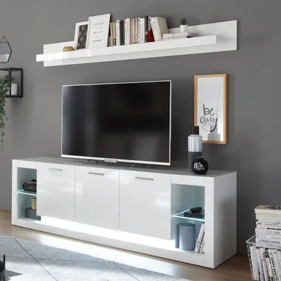 Produktbild von Zeitloses und modernes Design Lowboard & Wandregal Set MAILAND-61 in Hochglanz weiß, inkl. LED-Beleuchtung, B/H/T: 198/163/43cm
