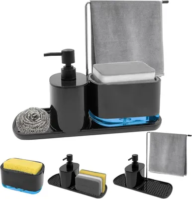 Produktbild von 4-in-1 schwarzer Spülbecken-Organizer mit Spülmittelspender, Schwammhalter, Handtuchhalter, multifunktionaler Küchenhelfer