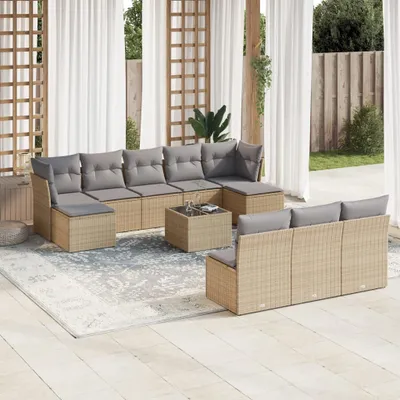 Produktbild von Design 11-tlg. Garten-Sofagarnitur mit Kissen Beige Poly Rattan, Gartenmöbel-Sets 2024 Neu