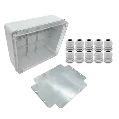 Produktbild von ARLI SET: Abzweigdose IP67 Sichttür Aufputz 250 x 200 x 90 mm inkl. Montageplatte + 10x Kabelverschraubungen M25 x 1,5 mm