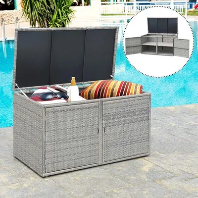 Produktbild von Auflagenbox Rattan 335 L mit Deckel, Gartenbox Kissenbox mit Doppeltüren & 2 Ablagen, Kissentruhe Aufbewahrungsbox Metallrahmen, Gartentruhe Auflagentruhe Gerätetruhe Truhenbank 115x60x65cm