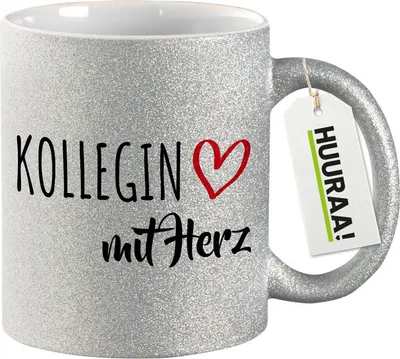 Produktbild von Huuraa Glitzertasse Kollegin mit Herz 330ml Silber Keramik Kaffeebecher Geschenkidee