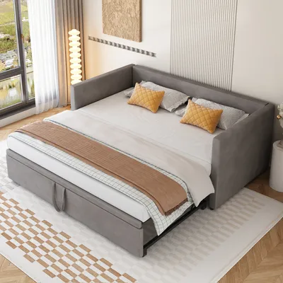 Produktbild von okwish Polsterbett Schlafsofa 90/180×200cm mit Lattenrosten，Doppelbett Kinderbett，hautfreundlicher Samtstoff, Hellgrau