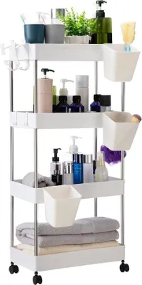 Image de Armoire de cuisine à roulettes - étagère à roulettes à 4 niveaux - porte-tasses suspendus - armoire multifonctionnelle pour la cuisine et la salle de bains - blanche