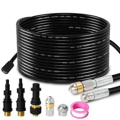Produktbild von TolleTour Rohrreinigungsschlauch Set 15M, mit Düsen starr + rotierend, 3 Adapter, für handelsübliche Hochdruckreiniger, universelles Rohrreinigungs Set