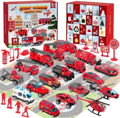 Image de Calendrier de l'Avent 2025 - Voiture pour enfants - 24 calendriers de Noël pour garçons - Jouets comprenant 18 camions de pompiers et accessoires