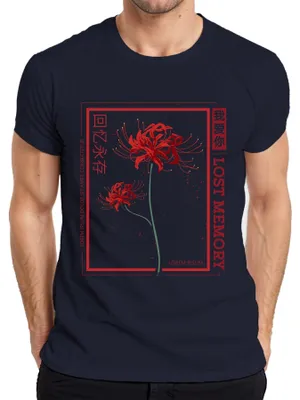 Produktbild von LOST MEMORY Rote Spinnenlilie Higanbana japanisch Streetwear Herren T-Shirt, Navy, S