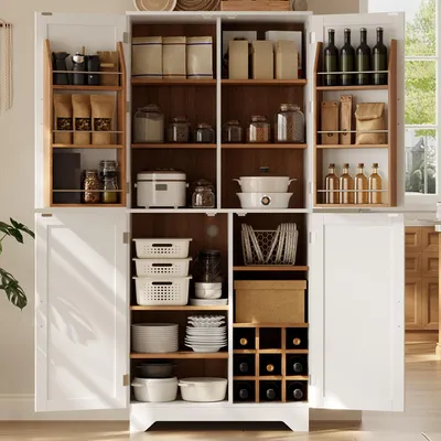 Imagen del producto de Armario de cocina alto con estante para vinos, 80x40x180 cm, armario de almacenamiento con cuatro puertas tipo "barn door" para cocina, comedor y sala de estar