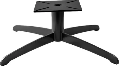 A black metal chair base with a square top plate and four legs.