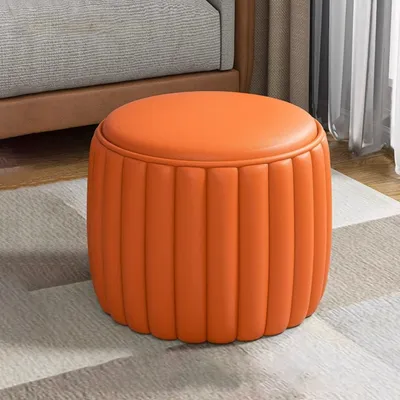 Image de Pouf en cuir, pouf en cuir, repose-pieds, mousse hautement élastique, imperméable et résistante aux taches, bois massif, orange