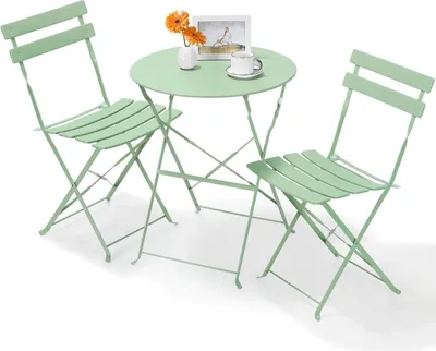 Image de Mobilier de jardin - Ensemble bistro 3 pièces - Table pliante et 2 chaises - Métal, structure en fer - Pour balcon, terrasse, jardin - Pour 2 personnes - Vert