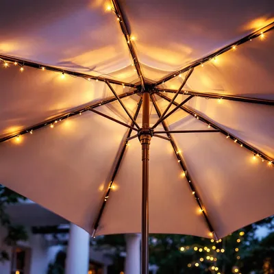 Close-up view of the underside of a patio umbrella with warm white LED lights strung along its ribs.