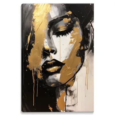 A close-up abstract portrait painting of a woman's face with closed eyes, rendered in black, white, and gold.