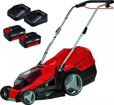 A red and black cordless lawnmower with two batteries and two chargers shown against a white background.