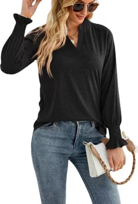 Produktbild von ASKSA Damen Blasen Langarm T-Shirt Elegant V-Ausschnitt Rüschenärmel Lässiges Lose Einfarbig Oberteil, Schwarz, S