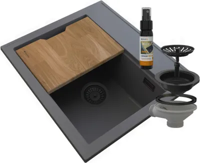Produktbild von Granitan | Spüle FOXAL - 565x505 mm - Grau - Granit mit schwarzem Syphon - Funktional und robust