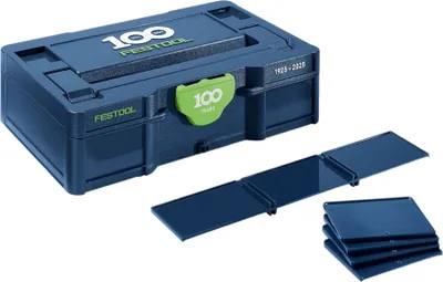 A blue Festool Systainer³ storage box with green accents and several blue dividers laid out in front of it.