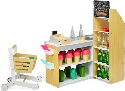 Produktbild von GOPLUS Kaufladen mit Einkaufswagen, Supermarkt aus Holz, Kaufmannsladen mit Tafel & Registrierkasse, inkl. Scanner & Kartenlesegerät & Kreditkarte & Münzen für Kinder ab 3 Jahren