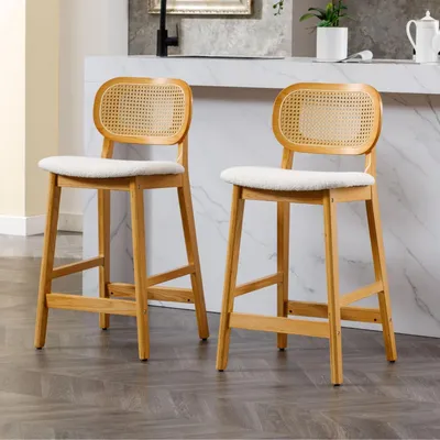 Productafbeelding van Barstoelen, set van 2, met houten frame, bekleed met teddy stof, rieten rugleuning, beige kleur, zithoogte 68 cm