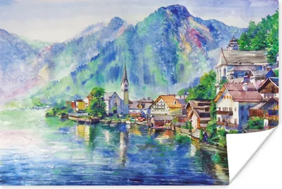 Produktbild von MuchoWow® Poster Gemälde - Ölfarbe - Haus - Berge - Wasser 60x40 cm - Schlafzimmerdekoration