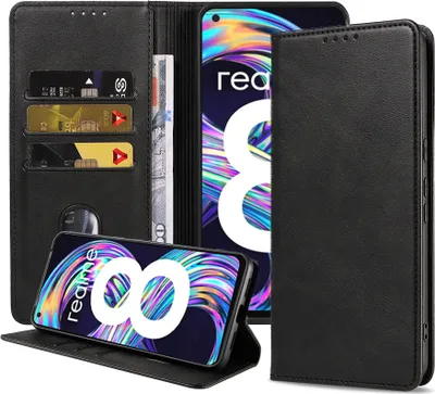 Produktbild von Smartphonica Handytasche geeignet für Realme 8 / 8 Pro Kunstlederhülle mit Magnetverschluss und Kartenhalter Buchhülle mit Klappe - Schwarz