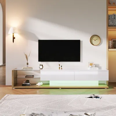 Immagine prodotto di Credenza Sweiko, con 2 ampi cassetti, 2 ripiani in vetro, illuminazione a LED, finitura lucida