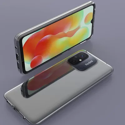 Two transparent phone cases are shown, one on top of the other, against a plain gray background. The top case displays a colorful abstract wallpaper on its screen, while the bottom case shows the back of a phone with a camera module and the 'Redmi' logo.