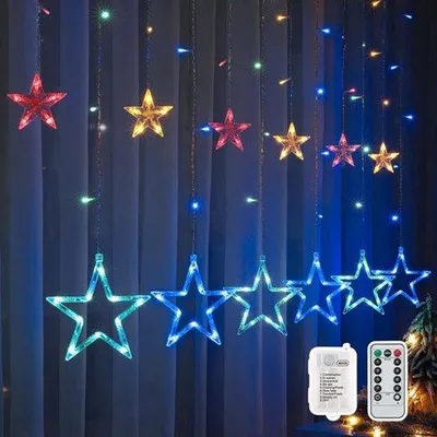 Productafbeelding van Kerstdecoratie voor ramen, verlicht, 2 m, 138 leds, sterren, kerstverlichting, raam, lichtgordijn, binnen, lichtketting, kerstdecoratie voor raamdecoratie, kamer, kleurrijke batterij