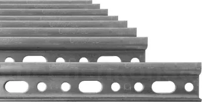 Several metal hanging rails with holes are stacked on top of each other.