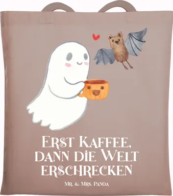 Produktbild von Mr. & Mrs. Panda Tote Bag Gespenst Kaffee - Braun Pastell - Geschenk, Tasche, Schultasche, Einkaufstasche, Stoffbeutel, Jutebeutel, Dekoration