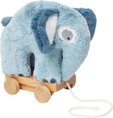 Produktbild von Niedliches, super weiches Nachziehtier Plüsch ELEFANT in BLAU, mit Holzrollen