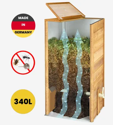 Produktbild von SUPERCOMP Holzkomposter Rattensicher mit Deckel, Insektenschutz, Gleit-Technik Kompostieren ohne üblen Gerüche, kein Kompost Umsetzen, mit Boden, 340L