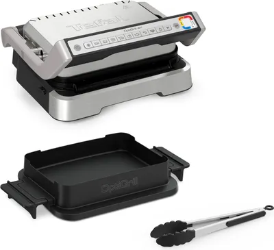 A Tefal OptiGrill 4in1 contact grill and its accessories are displayed against a white background.