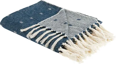 Zdjęcie produktu dla BELIANI Koc niebieski bawełna akryl 130 x 170 cm geometryczny wzór z frędzlami narzuta do salonu sypialni styl boho