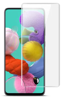 A clear screen protector is shown placed over a smartphone screen displaying a colorful abstract wallpaper.