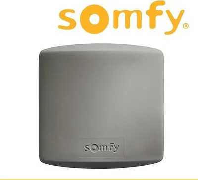 A gray Somfy access receiver is shown against a white background, with the Somfy logo above.