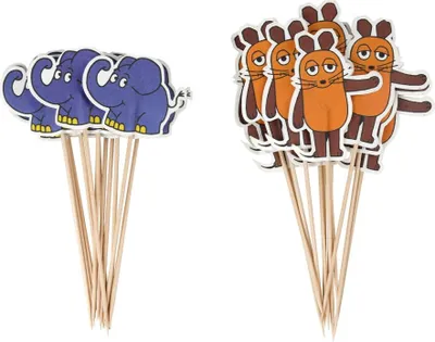 Produktbild von Dr. Oetker Party-Picker "Maus & Elefant" DieMaus, Maus-Motive zum Dekorieren von Torten, Elefanten-Motive zum Verschönern von Kuchen (Farbe: Braun, Orange, Blau) Menge: 2 x 12 Stück