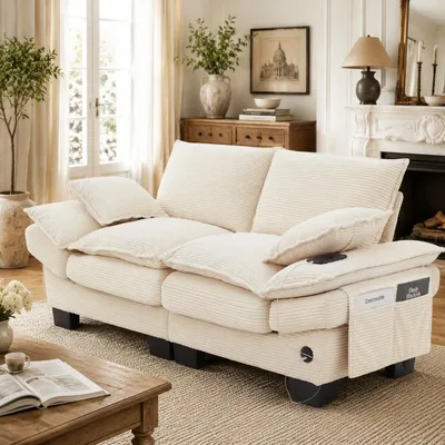 Imagen del producto de Sofá de cuero de dos plazas, color beige, con dimensiones de 190x73x84 cm, que incluye puerto USB-C y bolsillos laterales. Es un sofá ergonómico con un amplio asiento, ideal para salones, oficinas o zonas de descanso