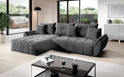 Produktbild von Vigo Velvet Monolith Ecksofa in L-Form 280 cm x 190 cm -  Schlafsofa mit Bettkasten - Couch mit Stauraum und Kissen - Sofa mit Schlaffunktion - Ausziehbares Schlafsofa - Farbe: Grau (M-92)