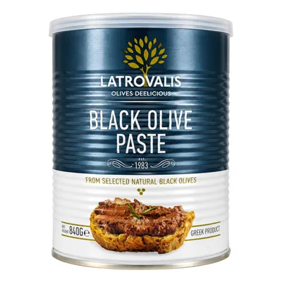 Latrovalis Schwarze Olivenpaste 840 g Dose isoliert auf weißem Grund