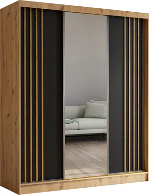 Produktbild von 180 cm Kleiderschrank Neli mit Lamellen und Spiegel inklusive 3 Schiebetüren Schwebetürenschrank (Farbe: Artisan, schwarz, Lamelle Artisan)