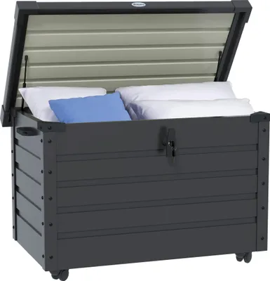 Produktbild von Outdoor Aufbewahrungsbox Gartenbox Kissenbox, wetterbeständig, 4 Rollen, 100 cm x 62 cm x 65 cm, Dunkelgrau